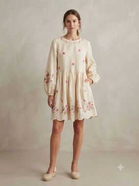 Caroline Constas Floral Embroidered Babydoll Dress Cream Pink XS NWT $405
